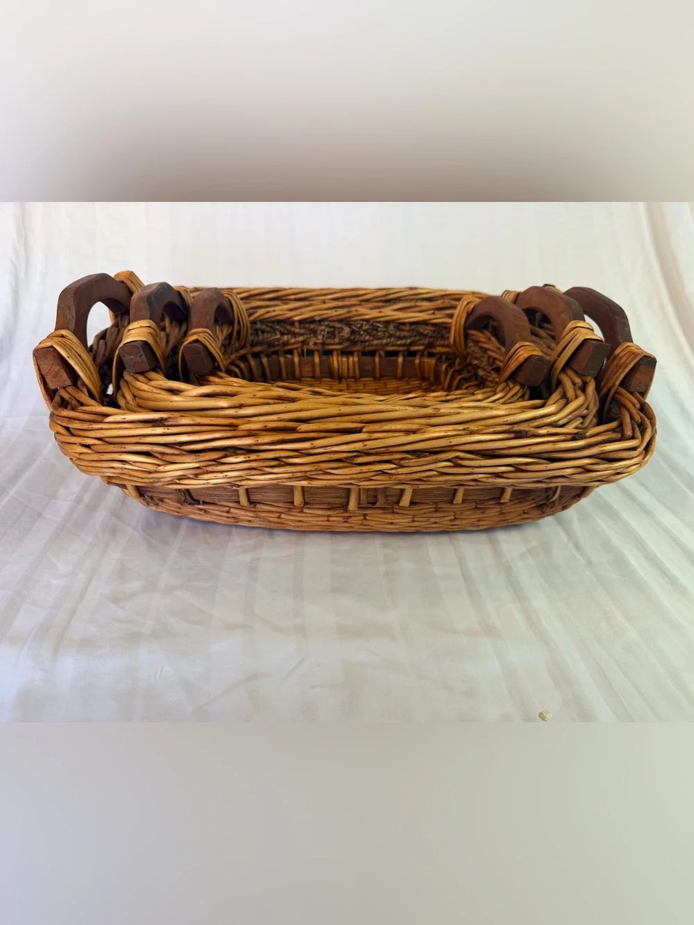 Vintage Wicker Rattan Nesting Baskets Set of 3 Wood Handles Braided Trim Cottage